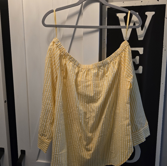NWT MICHAEL Michael Kors L yellow white stripe blouse top - Picture 3 of 3